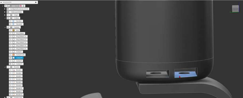 Interfaz de Autodesk Fusion 360 con un componente de prótesis y su árbol de operaciones de modelado
