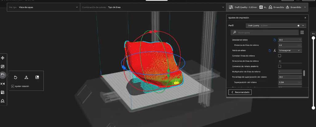 Vista de capas en UltiMaker Cura de una pieza roja de prótesis simulada sobre la cama de impresión 3D