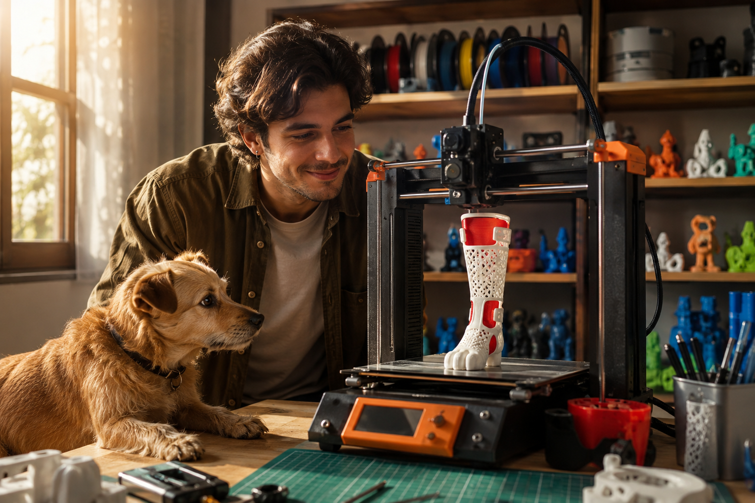 Maker sonriente junto a su perro observando una impresora 3D que imprime una prótesis blanca y roja en un taller casero