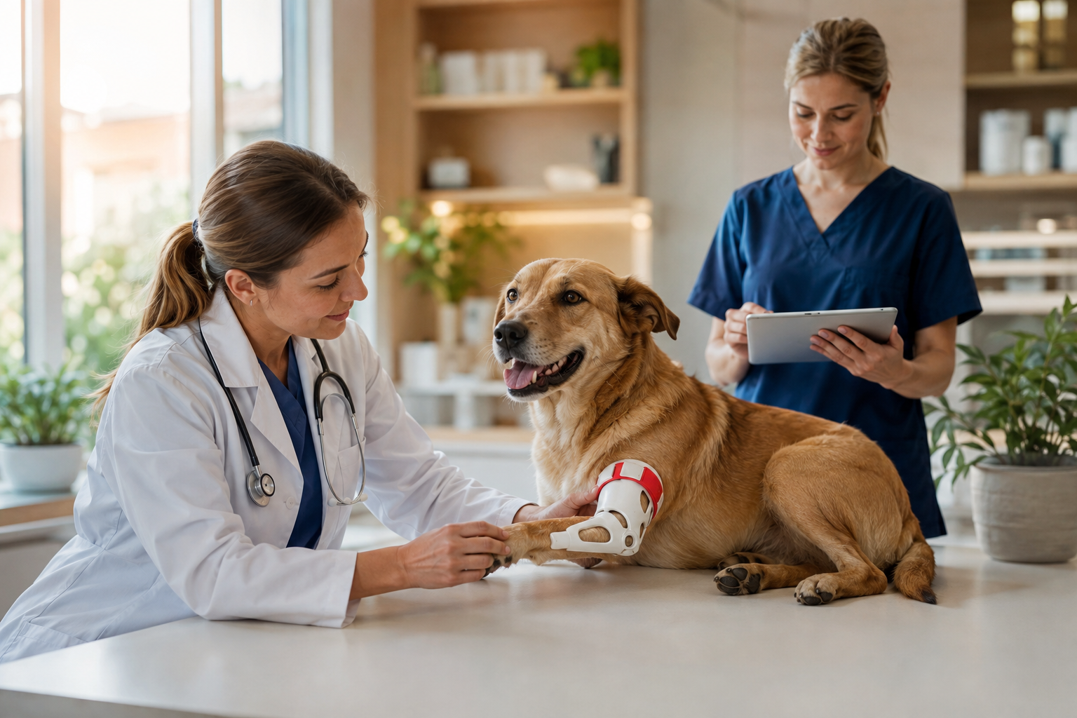 Veterinaria con estetoscopio examinando la prótesis 3D de la pata delantera de un perro en una clínica luminosa
